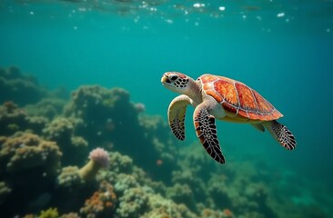 Fototapeta premium An underwater turtle of the atlantic ridley genus swims in the light turquoise waters of the atlantic ocean on a bright sunny day. Horizontal concept of the atlantic ocean flora