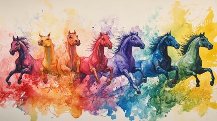 Naklejka premium running horses watercolor banner illustration