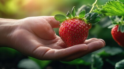 Fresh strawberry picked from vine, hand holding, garden setting, sunlight