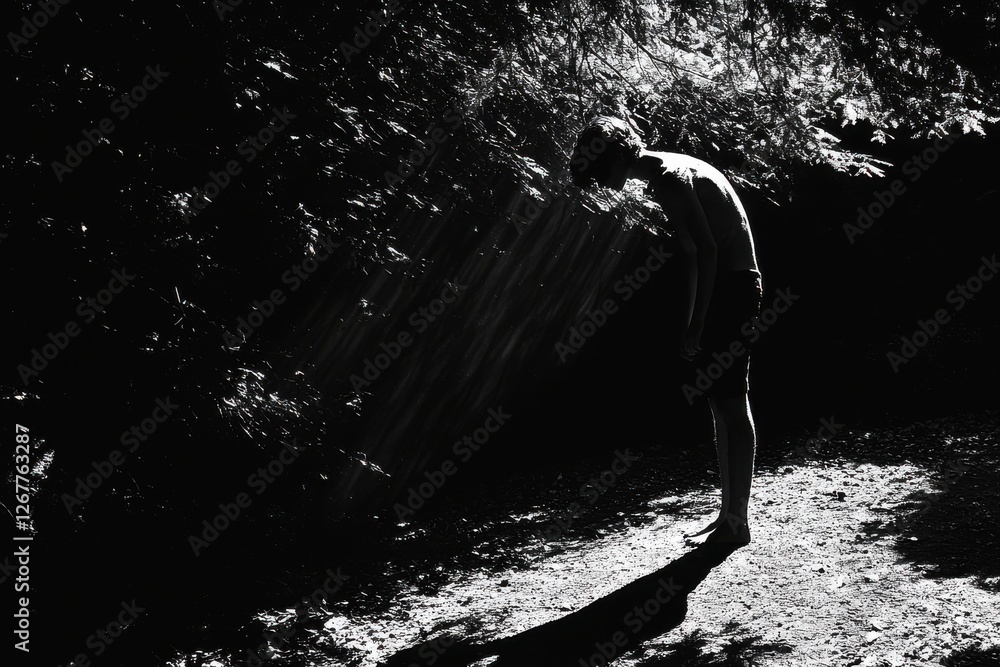 Poster a black and white image of a person standing on a path in the dark, a somber and poignant scene bath