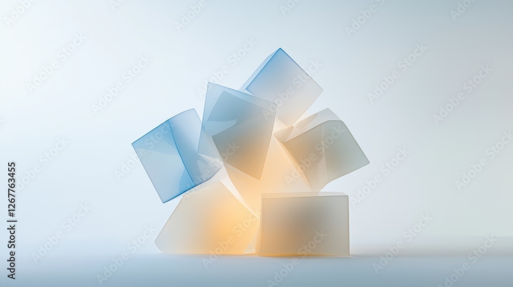 Poster modern geometric shapes in clear material creating a unique cluster arrangement on soft background