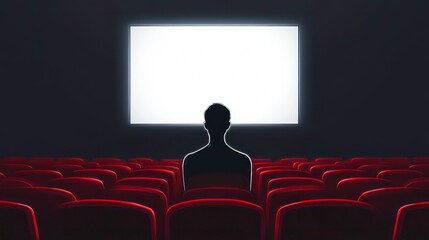 Silhouette of moviegoer in dark cinema watching blank screen. Possible use stock photo for movie theaters, entertainment, or digital content