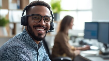 Smiling Call Center Employee in Modern Office with Headset Providing Customer Service Support: Professional Assistance & Business Communication in a Cooperative Work Environment