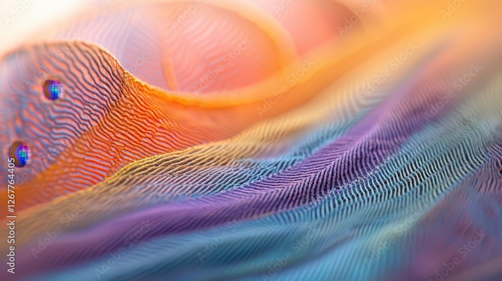 Poster detailed macro view of vibrant peacock feather with intricate colors and textures captured in stunni