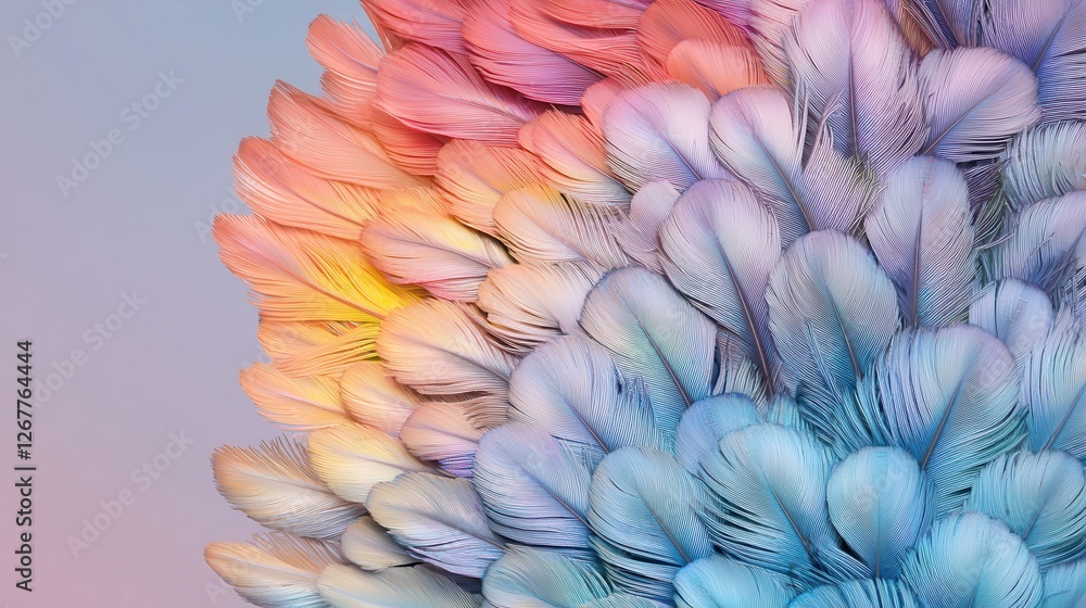 Poster detailed macro image of vibrant peacock feather displaying a spectrum of colors in artistic arrangem