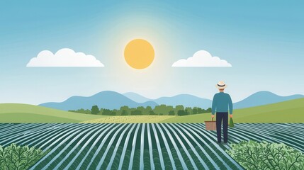 Fototapeta premium Farmer Harvesting Crops on a Bright Sunny Day Surrounded by Lush Fields and Rolling Hills