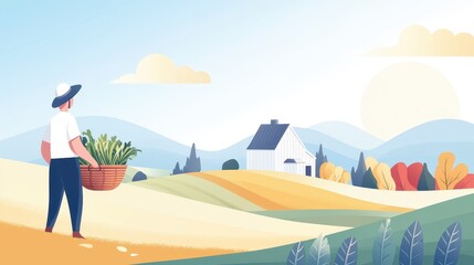 Farmer in Sunlit Field Holding Basket of Fresh Produce Surrounded by Lush Landscape and Gentle Hills