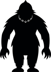 Minimalistic black silhouette of a Bigfoot standing in a mysterious pose, legendary Sasquatch creature vector illustration, cryptid icon, mythical forest monster, wildlife mystery, graphic design art