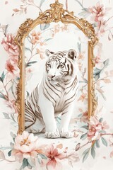 A white tiger is sitting in a frame with pink flowers