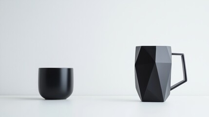 Matte Black Geometric Metal Sculpture Teapot and Cup Displayed on Minimalist White Surface