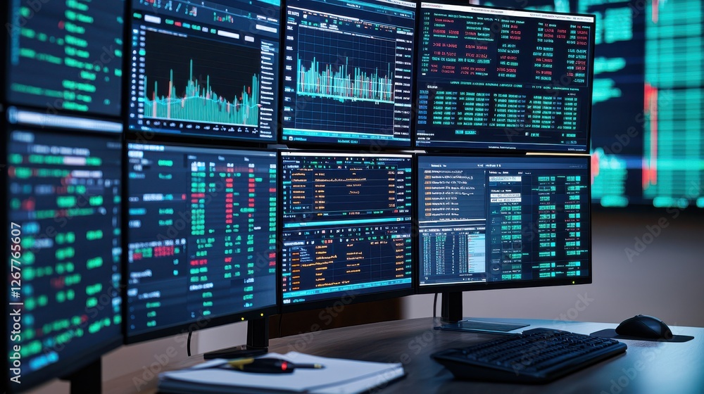 Poster a multi-monitor trading setup displaying various commercial image market data, graphs, and analytics