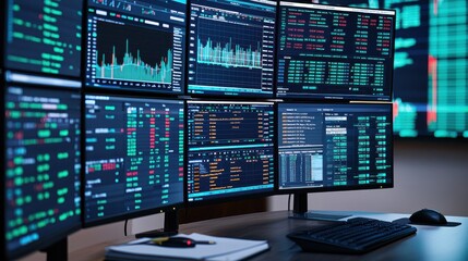 A multi-monitor trading setup displaying various commercial image market data, graphs, and analytics for professional trading.