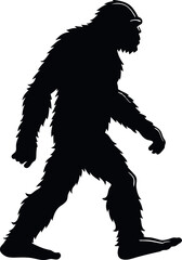 Fototapeta premium Minimalistic black silhouette of a Bigfoot standing in a mysterious pose, legendary Sasquatch creature vector illustration, cryptid icon, mythical forest monster, wildlife mystery, graphic design art