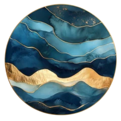 Gordijnen Elegant Circular Abstract Art with Blue Watercolor and Gold Accents  © ceren