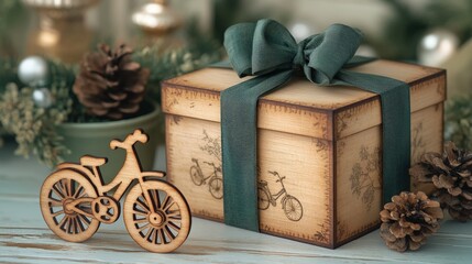 Vintage bicycle gift box with wooden tricycle accent on white background
