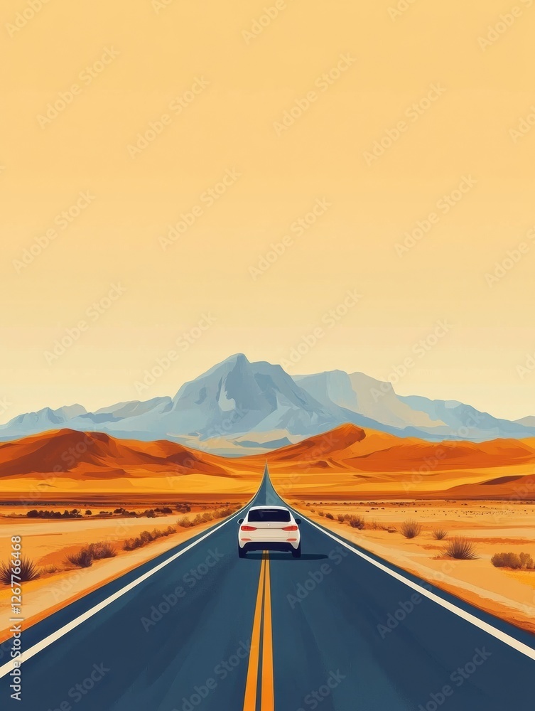 Poster driving through a warm desert landscape with distant mountains and expansive skies. generative ai