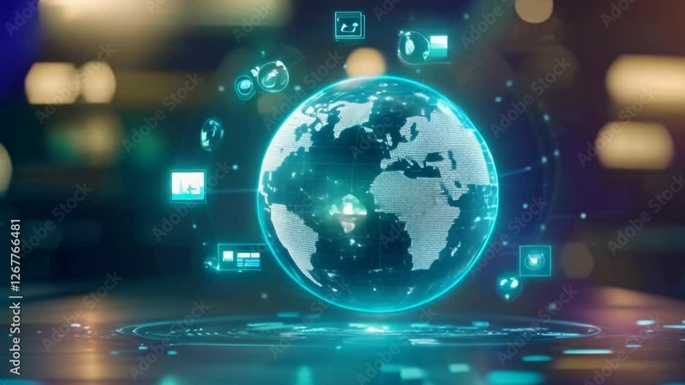 Poster illuminated earth surrounded by digital data streams representing global connectivity and technology