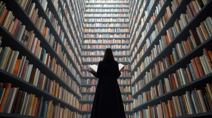 Fototapeta premium Dedicated Librarian Organizing Old Books in a Vast Library Space Surrounded by Shelves of Colorful Volumes