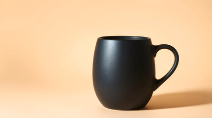 Minimalist matte black ceramic mug on neutral background with soft lighting, modern design, and clean aesthetic for branding