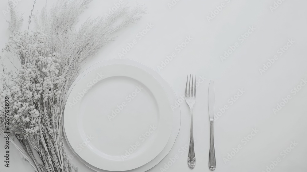 Aufkleber elegant table setting with white plates and silver cutlery arranged for dining experience in minimal