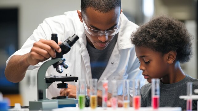 Young Scientist's Day: Child Learns Chemistry with Microscope in Engaging STEM Education Lab Experiment