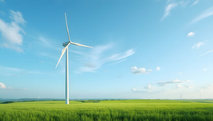 Fototapeta premium High-resolution modern wind turbine in open green field under blue sky, renewable energy concept captured from a low angle