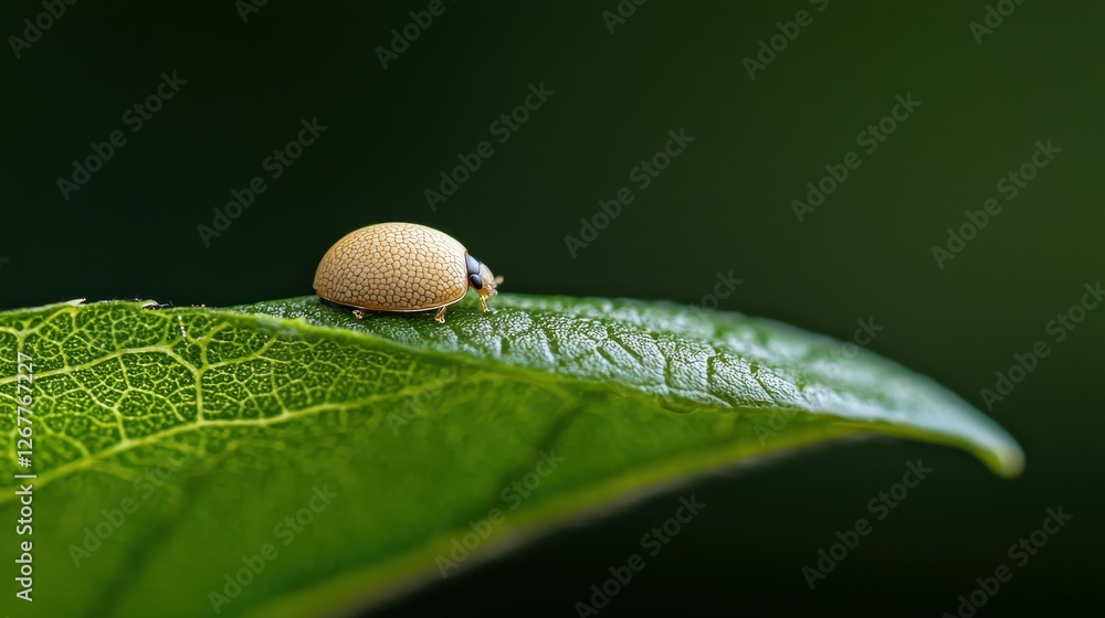 Poster close-up macro shot of a tiny ladybug resting on a leaf against a soft green background