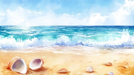 Obraz premium Seashells on a sandy beach with ocean waves and blue sky.