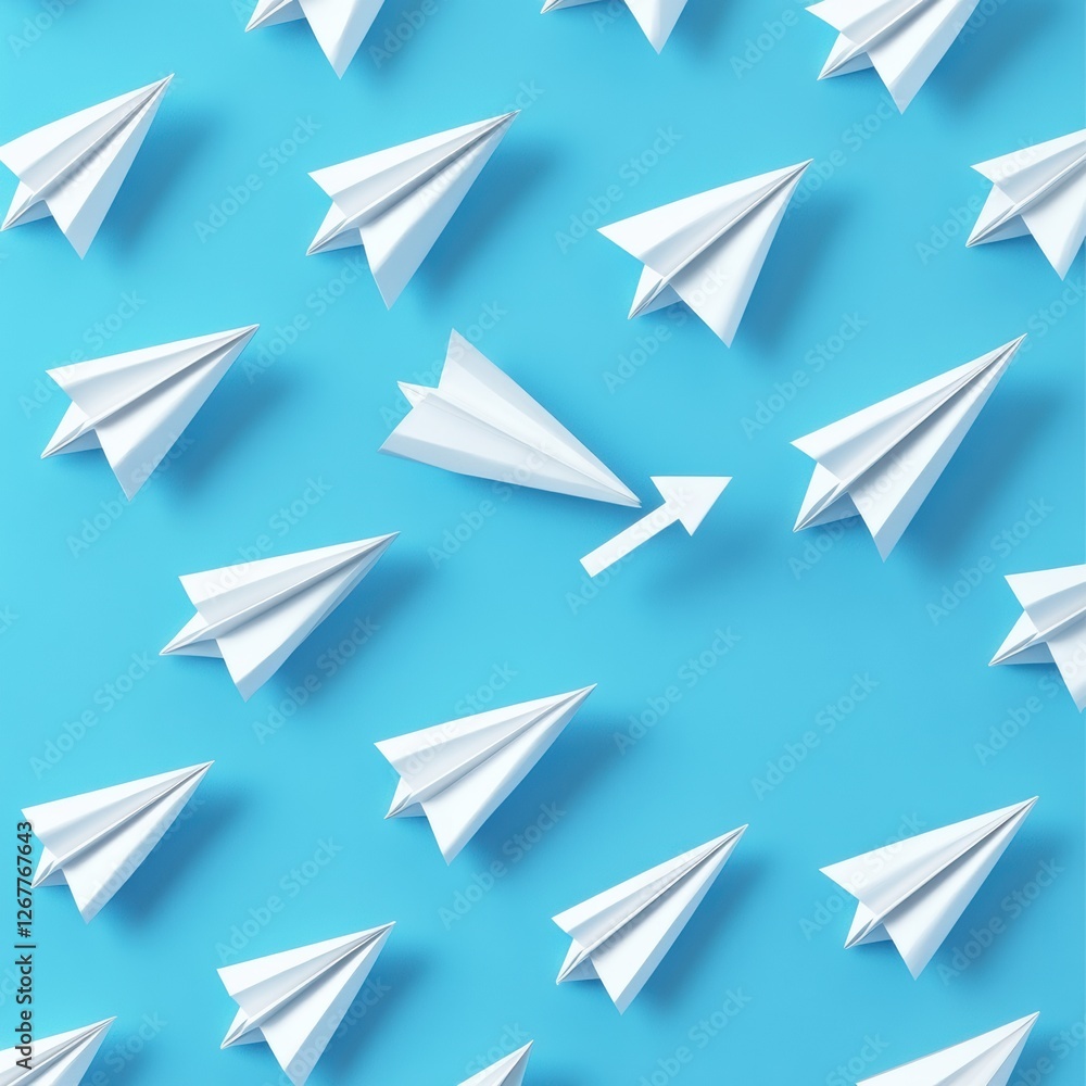 Poster group of paper planes flying in one direction with one individual pointing in a different way for in