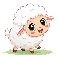 Obraz premium Happy cartoon lamb walking, green grass background, children's book illustration