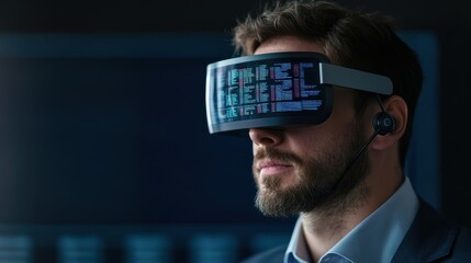 A man wearing futuristic VR goggles, immersed in a digital experience, surrounded by darkened tech elements.