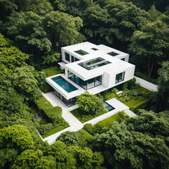 Modern white house surrounded by lush green trees, peaceful oasis, exudes contemporary serenity and inviting tranquility