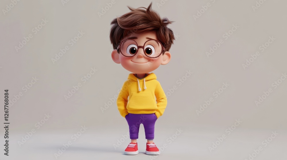 Poster charming cartoon boy with glasses enjoys a playful moment in a bright room wearing a colorful hoodie