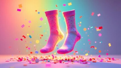 A pair of pink socks are floating in the air above a colorful pile of confetti. The socks are surrounded by a rainbow of confetti, creating a festive and playful atmosphere