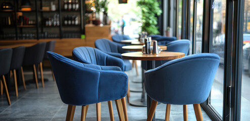 Fototapeta premium A row of comfortable blue chairs accompanied by elegant wooden tables creates an inviting atmosphere in an urban cafe for patrons to unwind