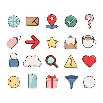 Colorful Vector Icon Set for Web with Globe, Mail, Check, Location, Sale, Arrow, Star, Coffee, Profile, Search, Warning, Heart, Smile, Phone, Present, Funnel and Bubble