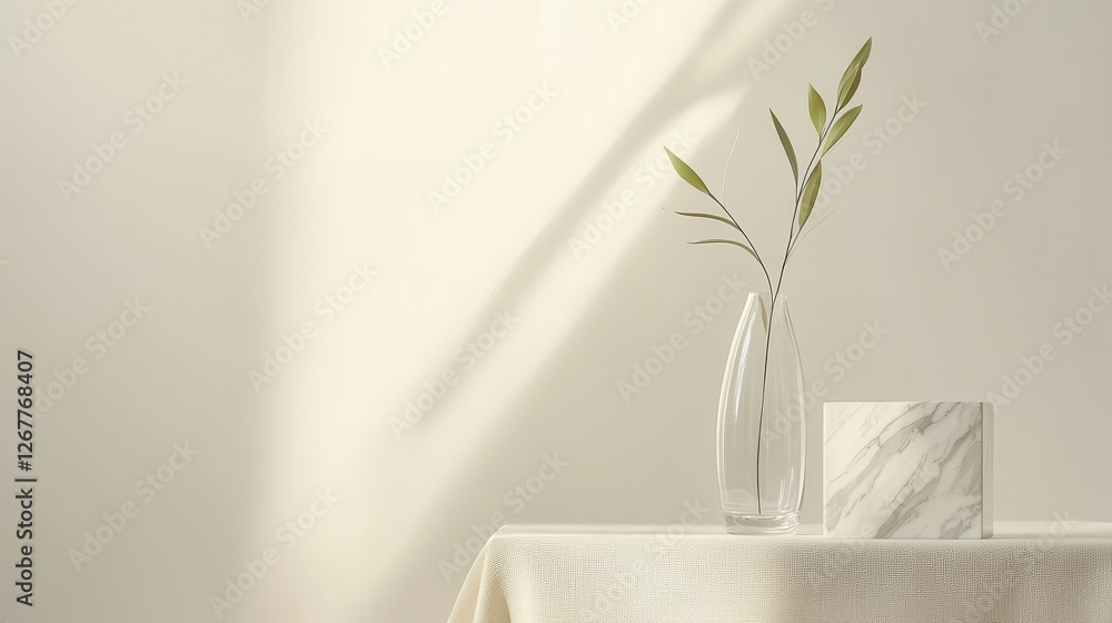 Poster minimalistic glass vase with single stem next to elegant marble block on soft textured surface