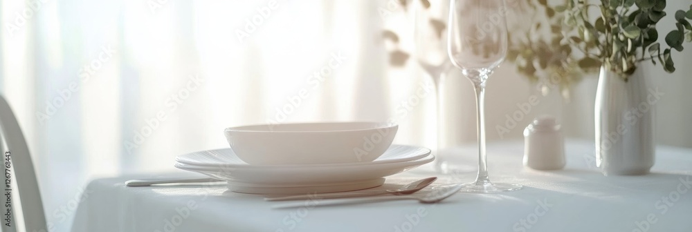 Aufkleber elegant dining setting with white plates and glassware in a softly lit environment featuring natural