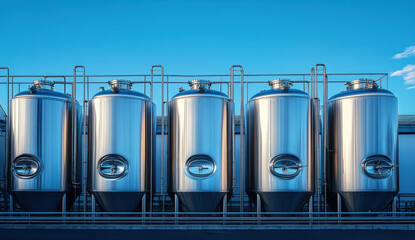 A row of large stainless steel tanks stands in a craft brewery, illuminated by bright sunlight amidst a clear blue sky