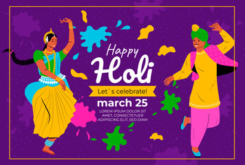 Indian Festival of Colors Happy Holi celebration. Invitation with people, dancers, musicians. Background for poster, banner, flyer, cover, placard, brochure