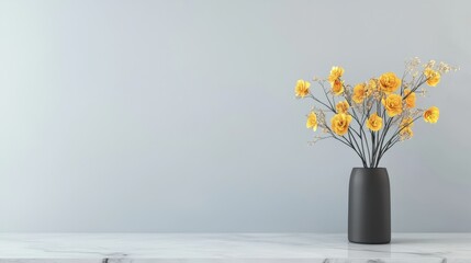 Modern Minimalist Vase Arrangement with Bright Artificial Flowers on a Marble Surface Against a Soft Gray Background