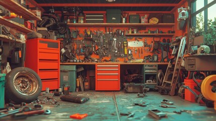 The interior of a garage or workshop with various tools and equipment scattered on the floor and walls.