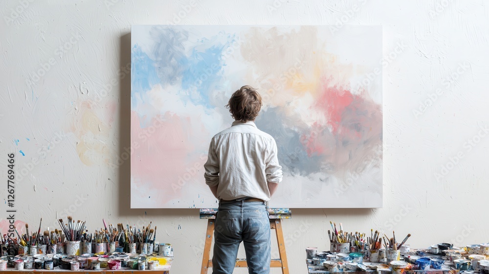 Poster artist contemplating a large abstract canvas surrounded by an array of art supplies in a bright stud
