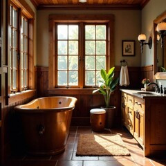 A bathroom with a wooden floor and a bathtub. The bathtub is made of wood and has a wooden seat. There is a potted plant in the bathroom, and a window with a view of trees