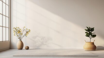 Serene minimalist yoga studio with soft earthy tones, natural materials, and a tranquil atmosphere