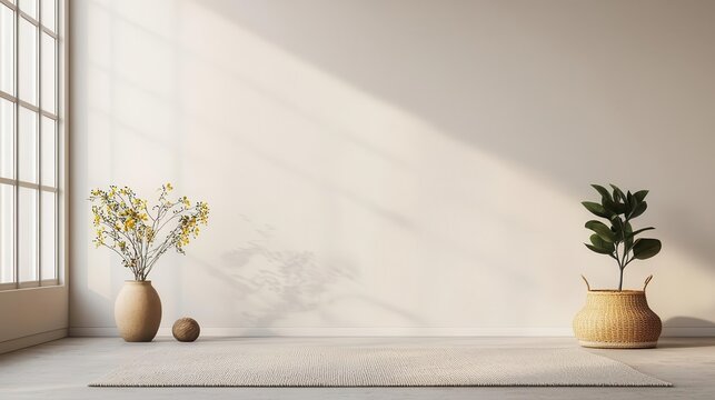 Serene minimalist yoga studio with soft earthy tones, natural materials, and a tranquil atmosphere