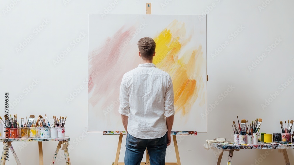 Poster artist standing in front of a large canvas with brushes and paints surrounding him in a bright studi