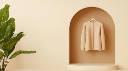 Elegant minimalist fashion store with a neutral color scheme, sleek clothing racks, and highend lighting