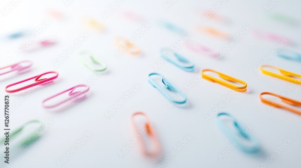 Poster a vibrant array of colorful paperclips scattered on a reflective surface creating a playful office s