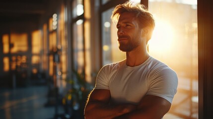 Fototapeta premium A smiling man in a vibrant workout outfit stands confidently in a brightly lit gym, surrounded by modern fitness equipment